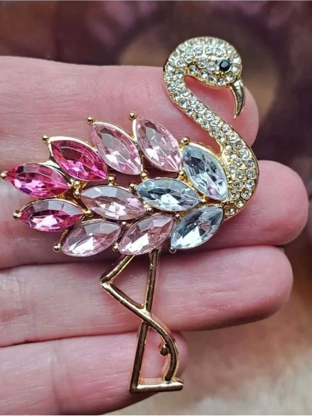 Pink Crystal Flamingo Brooch Pin Gold Tone Rhinestone Statement Bird Jewelry